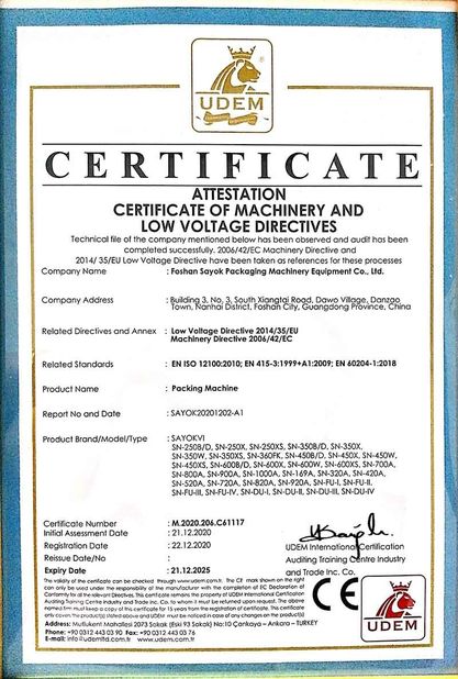 China Foshan Sayok Intelligent Machinery Co., Ltd.， zertifizierungen